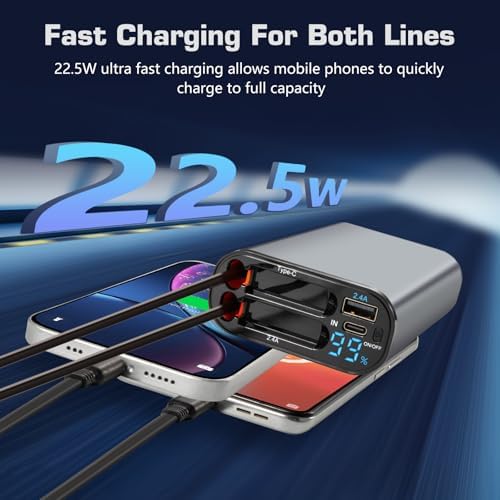 MQOUNY 4-in-1 Retractable Power Bank – 10,000 m Ah Fast Charging Portable Charger with 2.9 ft Built-in Cable, 22.5 W Multi-Device Compatibility for i Phone 16/15/14/13, Mac Book, Galaxy – Ultimate Travel Essential for On-the-Go Charging