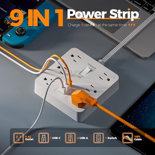 TESSAN 6-Outlet Black Surge Protector Power Strip with 3 USB Ports (1 USB-C) – 5 FT Flat Plug Extension Cord, 1700 Joules Surge Protection for Safe Charging in Home, Office & College Dorm – Compact and Versatile Multi-Device Charging Station