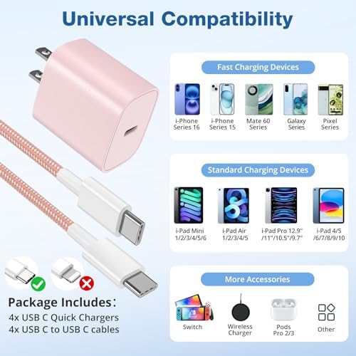 Rapid Charge 20 W USB-C Wall Charger Bundle for i Phone 16 & 15 Series – 4 Pack with 6 FT Cables for Pro Max, i Pad Pro Compatibility – Ultimate Power Solution for Home & Travel