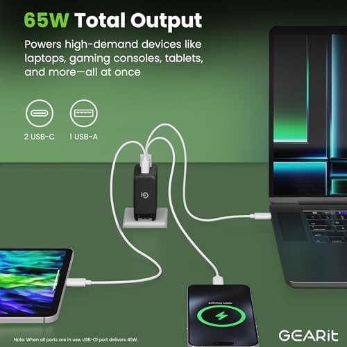 Power Up Your Devices Efficiently with the GEARit 65 W Ga N USB-C Triple-Port Fast Charger – PD 3.0 Wall Adapter for Seamless Charging of Apple, Samsung, Google, and Dell Devices – Compact, Lightweight Design with Superior Safety Features for Fast Multi-Device Power Delivery