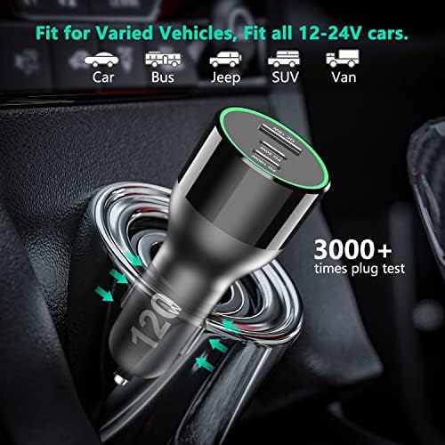 High-Power 200 W USB C Car Charger – Multi-Port PD3.0 QC4.0 Adapter with Dual 100 W Cables for Fast Charging on the Go – Universal Compatibility for Dell XPS, Mac Book, i Phone 16/15/14, Galaxy S24 Ultra & i Pad Pro – Efficient Travel Companion for Modern Devices
