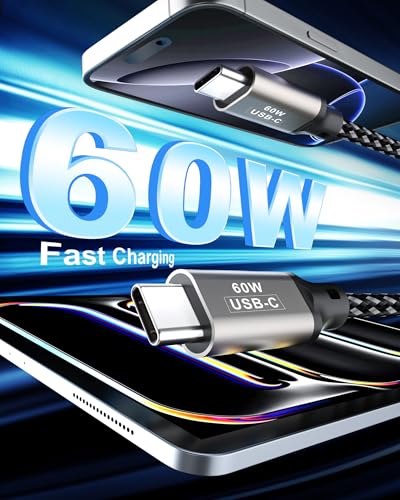 20FT USB C Cable 60W, Extra Long USB C to USB C Cable, Type C Charger Fast Charging Cord, Compatible with iPhone 16 15 Pro Max Plus, Samsung Galaxy, Pixel, iPad Pro/Air, MacBook Pro/Air – Enhanced Compatibility and Speed