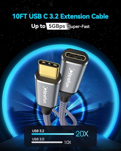 CLEEFUN 10 ft USB C Extension Cable – Unlock 100 W Fast Charging & 5 Gbps Data Transfer with Stunning 4 K Video Sync for Laptops, Tablets, and Phones – Premium Compatibility & Durable Design for Enhanced Connectivity Experience
