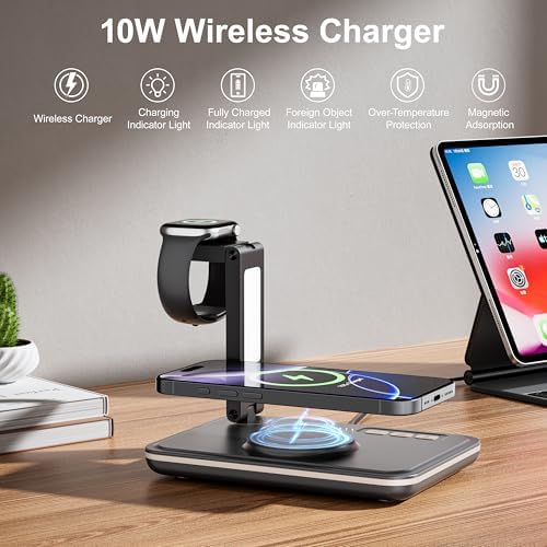 Dual-Device Magnetic Wireless Charging Station & Elegant Book Light for Apple i Phone 12-16 Series, Air Pods Pro, and Apple Watch – Innovative 2-in-1 Solution for Home, Office, and Travel with Enhanced Speed and Compatibility Embrace the future of charging with our innovative Dual-Device Magnetic Wireless Charging Station, designed for seamless compatibility with the latest Apple i Phone models 12 through 16, Air Pods Pro, and all Apple Watch versions. This sophisticated 2-in-1 charging hub not only powers your phone and smartwatch simultaneously at optimal speeds but also features an elegant integrated book light with customizable settings for perfect illumination. Engineered for modern lifestyles, its non-slip silicone base ensures stability while built-in magnets guarantee precise alignment for efficient charging. The ultra-lightweight and space-saving design adapts effortlessly to any environment, be it your bedside table, office desk, or travel bag. With safety features like temperature control and over-voltage protection, enjoy peace of mind while charging. This versatile device is an ideal gift for any occasion, ensuring your loved ones experience the perfect blend of functionality and style.
