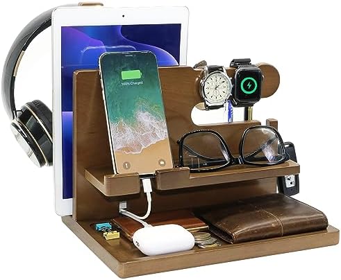 Wooden Phone Docking Station for Men – Nightstand Organizer with Key Holder, Wallet Stand, Watch Organizer and Headphone Holder – Anniversary Birthday Mens Gifts Idea for Dad Husband Boyfriend Uncle – Enhanced Compatibility and Speed