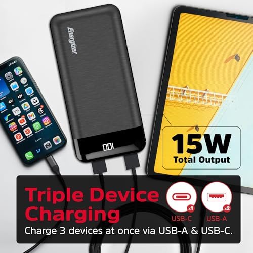 Energizer 20000 m Ah Power Bank: Ultra-Portable Fast Charging Battery Pack with LCD Display for i Phone 16/15/14/13/12 and Android Devices – Dual USB Output for Simultaneous Charging, Lightweight Design for Travel and Daily Use