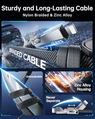 SHEZI 4-in-1 Fast Charging USB C Cable – 60 W Power Delivery with Lightning, USB C, and USB A Ports – 5 FT Durable Flat Nylon Braided Cord – Stylish Pink Design for i Phone, i Pad, and More – High-Speed 480 Mbps Data Transfer Solution for All Your Devices