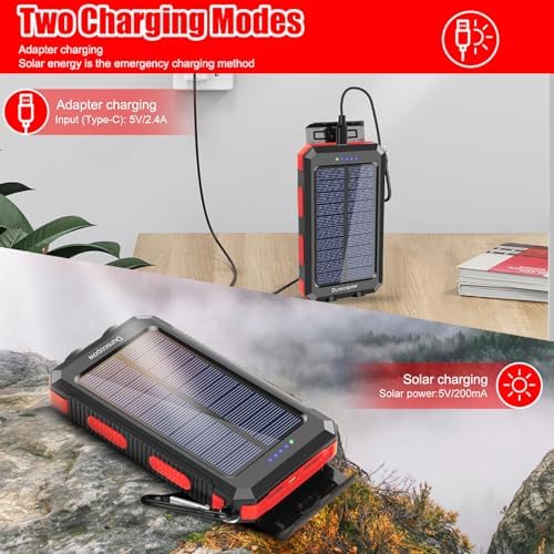 High-Capacity 20,000 m Ah Waterproof Solar Charger Power Bank for Outdoor Adventures – Dual USB-C Fast Charging with Built-in LED Flashlight and Compass (Orange) for Ultimate Portability and Reliability