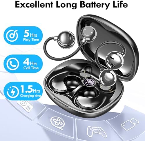 Kurdene Adjustable Fit Open Ear Wireless Bluetooth Earbuds – Sweatproof Sports Headphones with Long Battery Life and Digital Battery Indicator for Optimal Sound Clarity – Perfect for Active Lifestyles and Outdoor Adventures – Sleek Black Design