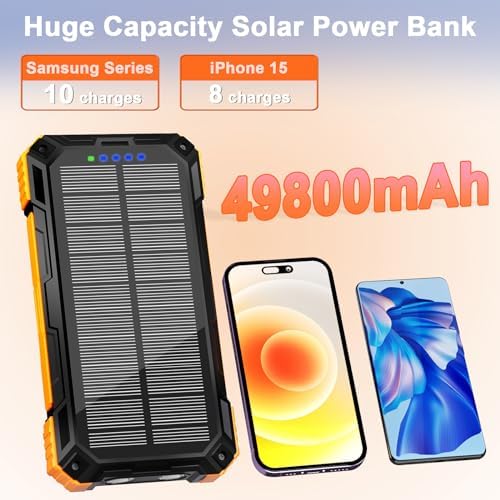 WONGKUO 49,800 m Ah Solar Power Bank – All-Weather Waterproof Charger with USB-C & QC 3.0 Fast Charging, Built-in 4 Cables & LED Flashlight for Outdoor Adventures, Ultimate Portable Battery Solution for Camping & Hiking