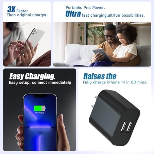3-Pack Dual Port USB Wall Charger – Rapid Charge Block for i Phone 14/13/12/11 Pro/Max, Galaxy & Android Devices – Compact Travel Adapter with Advanced Safety Features for Home & On-the-Go Power Solutions