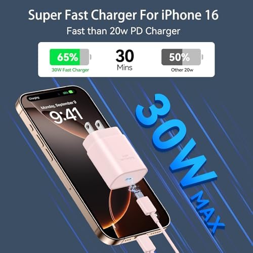 30 W USB-C Fast Charging Block with 10 FT Type C Cable – Ultimate Charging Solution for i Phone 16/15 Series and Beyond – Compact, High-Efficiency Power Adapter for Home and Travel Use – Safe and Reliable Device Charging