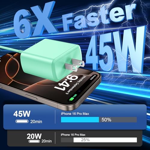 Super Fast 45 W Charger for Phone 16 Series with 10 FT Type C Cable – High-Speed USB C Power Block for Ultimate Compatibility and Enhanced Safety Features, Ideal for Phone 16, 16 Pro, 16 Pro Max, 16 Plus, 15, 15 Pro Max, Galaxy Devices – Portable and Reliable Charging Solution