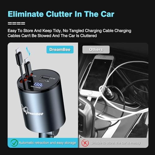 Ultimate 68 W 4-in-1 Retractable Car Charger – Rapid Dual USB Charging Adapter for i Phone 15/14/13/12 Pro Max, Samsung, Pixel & More – Tangle-Free Cables (31.5 inches) for On-the-Go Convenience and Enhanced Device Compatibility