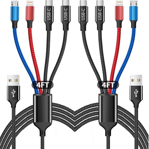 4-in-1 Nylon Braided Charging Cable (2 Pack, 4 FT) – Universal USB Charger Cord for i Phone 16/15 Series, Type-C, and Micro USB Devices – Fast Charging Solution for Home, Office, and Travel – Tangle-Free Durability and Enhanced Compatibility
