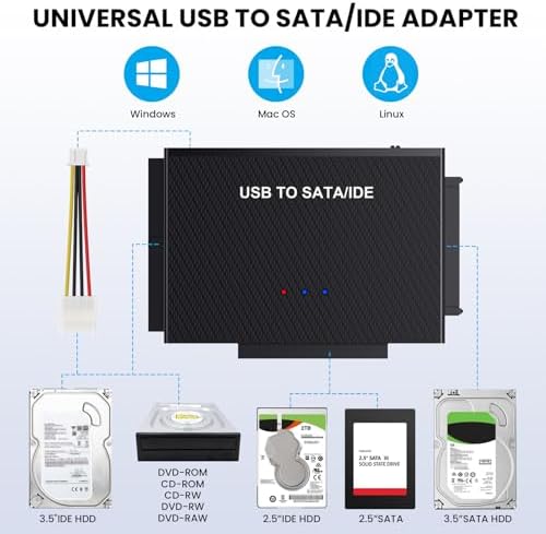Universal USB 3.0 to SATA IDE Hard Drive Reader with Type C Connectivity – Versatile HDD and SSD Converter Kit for 2.5″ & 3.5″ Drives – High-Speed Data Transfer Up to 5 Gbps – Includes Reliable 12 V/2 A Power Supply for Enhanced Performance – Effortless Plug-and-Play Setup for Quick Data Access and Backup – Ideal for Tech Professionals and Casual Users Alike – Durable Design for Long-Lasting Usage – Elevate Your Storage Solutions with this Essential External Hard Drive Adapter