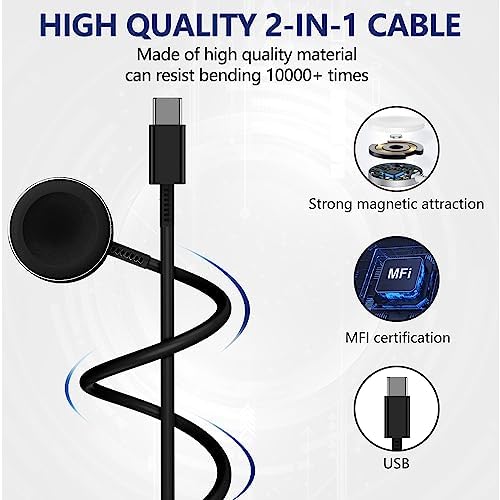 Premium 5 W Fast Charging USB C Cable for Apple Watch – 6 ft Magnetic Charger, MFi Certified, Compatible with Series SE2/8/7 & All Sizes 38 mm to 45 mm – Reliable & Efficient Power Solution for On-the-Go Users