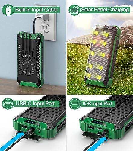 GOODaaa 36,000 m Ah Solar Wireless Power Bank with Built-in 4 Cables, Fast 15 W Charging, 6 Outputs & Dual Flashlights – Ultimate Portable Charger for All Devices with Carabiner for Easy Carrying