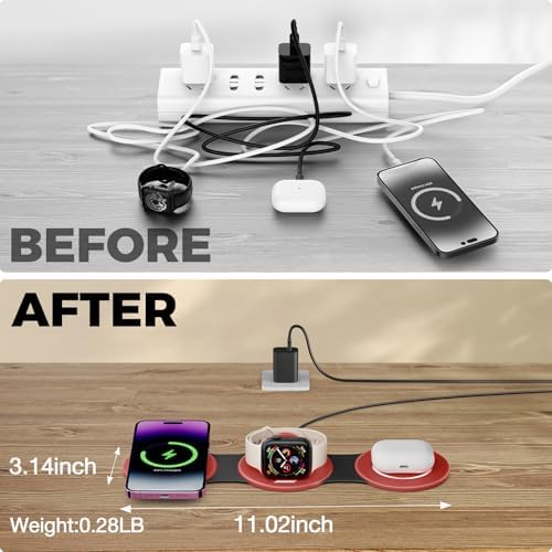 Hicober 3-in-1 Magnetic Wireless Charging Station for i Phone 15, Apple Watch, and Air Pods – Ultra-Fast 18 W Portable Travel Charger with Foldable Design for i Phone 16, 14, 13, 12 Pro/Max/Plus – Optimal Compatibility and Sleek Aesthetics for Effortless Charging Experience