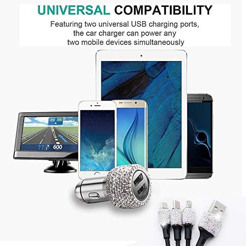 Chic Rhinestone Dual USB Car Charger & 3-in-1 Braided Charging Cable Set – Stylish Bling Accessories for Fast Charging & Enhanced Compatibility – Perfect for Women’s Vehicles in Silver