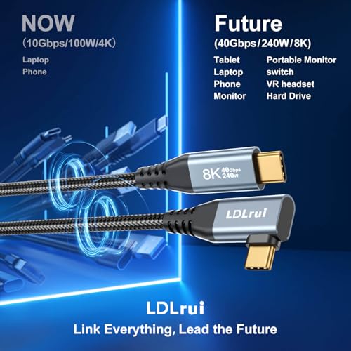 USB C Monitor Cable 8K/4K UHD Display[4FT], 40Gbps USB 4 High Speed Data Transfer Cable, Right Angle USB C for Thunderbolt 4 Cord, 240W Fast Charging for iPhone 16, MacBook Pro, KVM Switch, Samsung – Enhanced Compatibility and Speed