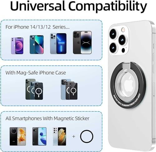 Magnetic Phone Ring Holder Adjustable Stand for MagSafe, Removable Magnetic Magnet Finger Grip Kickstand for iPhone 15 Pro Max 14 13 12,Compatible with Mag Safe Accessories Black – Enhanced Compatibility and Speed