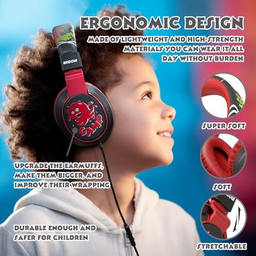 MIDOLA Kids Over-Ear Headphones: Safe Audio Experience with Noise Limitation, Foldable & Travel-Friendly Design, Custom Volume Control (85/110 d B), Built-In Microphone, and AUX Compatibility for School, Gaming, and Family Adventures in Sleek Black