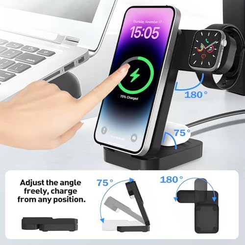 APSARAS 3-in-1 Wireless Charging Station for i Phone 16/15/14/13/12, Air Pods & Apple Watch Series S11 – Stylish Mag Safe Compatible Dock with Enhanced Speed and Safety Features for Clutter-Free Charging Solutions