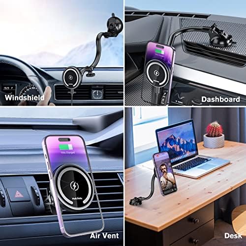 Wireless Car Charger with Adjustable Gooseneck Mount – Fast Charging Magnetic Phone Holder for i Phone 15/14/13/12, Pro Max, Plus, Mini – Versatile Dash, Vent & Windshield Compatibility – Stay Powered & Connected on the Road