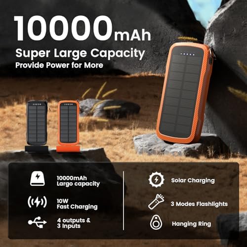 Portable Solar Power Bank 10,000 m Ah – Dual Built-in Cables & Fast 15 W Wireless Charging – Eco-Friendly Design with Cigarette Lighter & 3 LED Flashlight Modes – Perfect for Camping, Emergencies & Everyday Use – Ideal Gift for All Occasions