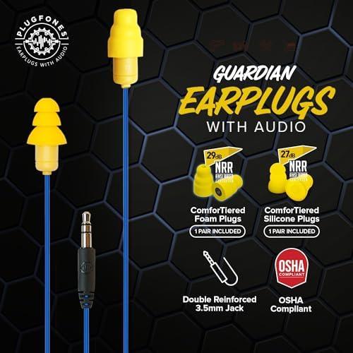 Plugfones Guardian Hybrid In-Ear Headphones with 29 d B Noise Reduction – OSHA Compliant Earplug Earbuds for Ultimate Hearing Protection and Superior Sound Quality – Includes Waterproof Case (Blue & Orange) for Easy Portability and Enhanced Durability