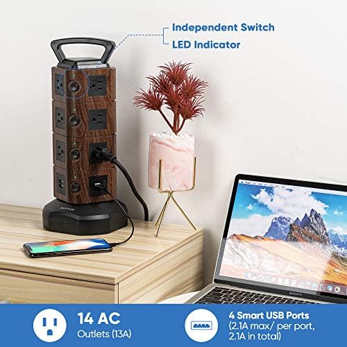 JACKYLED Power Strip Tower Surge Protector with 12 Outlets and 6 USB Ports (2 USB-C) – High-Speed Charging Station with 1050 Joules Protection, 1625 Watts, 6.5 ft Extension Cord for Enhanced Home Office Efficiency and Device Safety