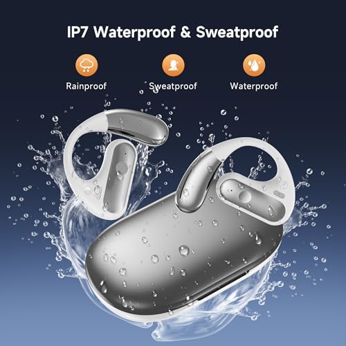 Unleash Your Workout Potential with Open Ear Bluetooth 5.4 Sport Earbuds – 40 Hours of Playtime, IPX7 Waterproof for Ultimate Durability, Deep Bass Sound for Immersive Audio Experience, Built-in Mic for Hands-Free Calls – Ergonomically Designed for Comfort and Stability, Chic White Charging Case with LED Display for On-the-Go Convenience