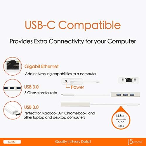 Maximize Your Connectivity with the j5 create USB Type-C Hub Adapter – Gigabit Ethernet & 3 High-Speed USB 3.0 Ports for Effortless Data Transfer and Enhanced Productivity