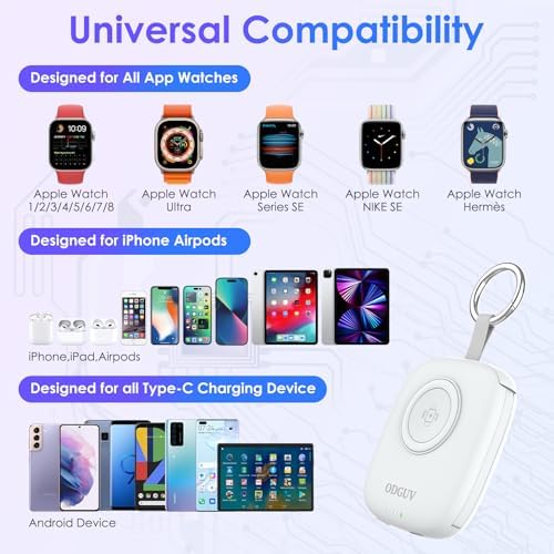 Compact 5000 m Ah Portable Charger with Built-in Cable – Keychain Power Bank for Apple Watch and i Phone – Fast Wireless Charging for Apple Watch 9/Ultra2/8/7/6/SE/5/4/3, Compatible with i Phone 15/14/13/12/11 & Android Devices – Ultimate Travel Accessory for On-the-Go Power