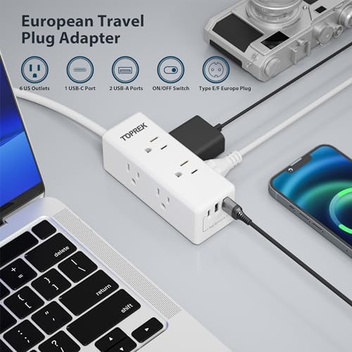 Universal European Travel Plug Adapter with USB-C – TOPREK 9-in-1 Power Strip for US to Europe with 6 Outlets & 3 USB Ports, 3 FT Extension Cord for Seamless Charging in Germany, France, Spain, Greece, and More – Ideal for Hotel and Airport Use