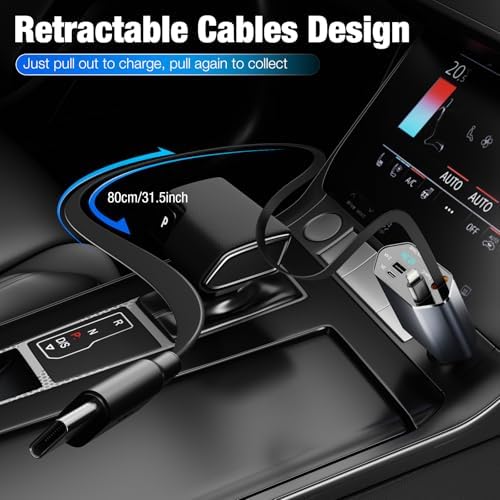 Versatile 4-in-1 Retractable Car Charger – 60 W Fast Charging with Dual USB Ports, Tangle-Free Cables, and Voltage Display for i Phone 16/15/14/13/12/11 & Android Devices – Compact Multi-Device Solution for On-the-Go Power