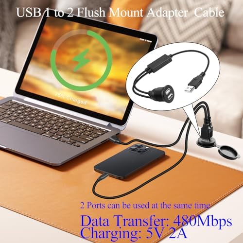 QIANRENON USB 1 to 2 Flush Mount Adapter Short Cable USB2.0 Male to 2 USB2.0 Female Threaded Fixed Panel Mount Connector, with Chip, Simultaneou 480Mbps Data Transfer 5V/2A Charging, 35cm/13.8in – Enhanced Compatibility and Speed