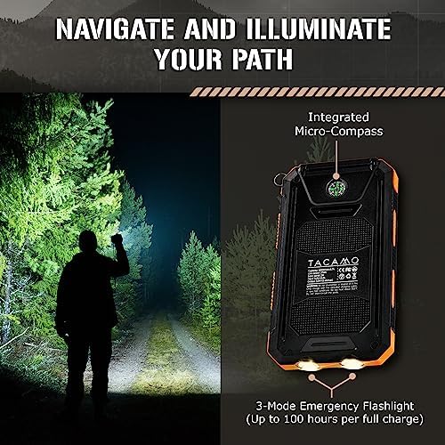 TACAMO® All-Weather Solar Power Bank – IP67 Waterproof & Dustproof – Ideal for Camping & Backpacking – Fast Dual USB Charging – Emergency 3-Mode Flashlight – Eco-Friendly Outdoor Power Solution