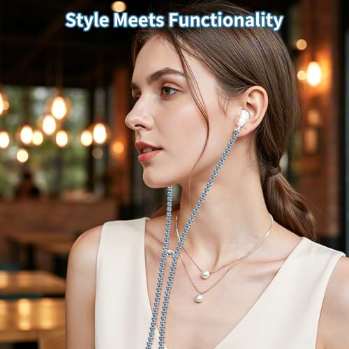 Hian Dier Chic Pearl Necklace Earbuds for i Phone – Stylish Muted Blue Wired Headphones with Crystal-Clear HD Voice Mic and Magnetic Storage – Fashion-Forward Audio Accessory for Women Compatible with i Phone Models 14/13/12/11/XR/XS/X/8/7 – Elevate Your Listening Experience with Fashion and Functionality