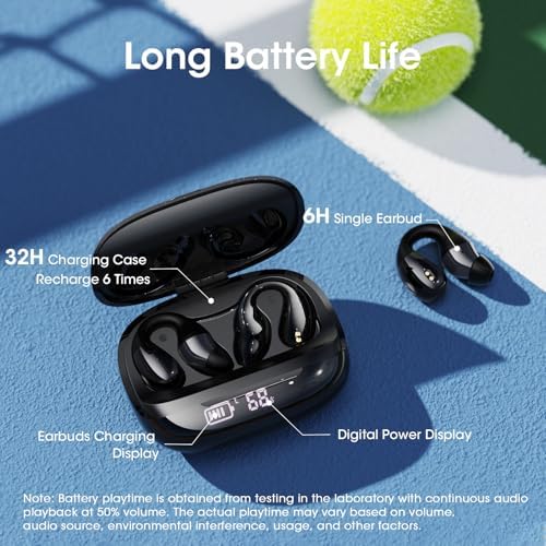 Elevate Your Active Lifestyle with Lightweight Open Ear Clip-On Wireless Earbuds – Featuring Bluetooth 5.4 for Rapid Connectivity, 44 Hours of Playtime, IP54 Waterproof Protection, and Integrated Microphone for Effortless Hands-Free Calls (Black)