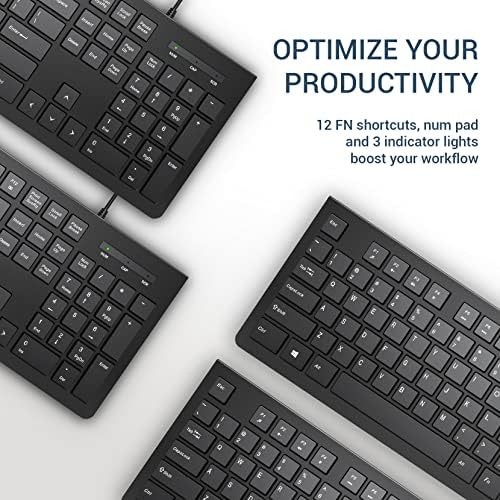 Upgrade Your Typing Experience with the Spill-Resistant USB Wired Keyboard – Low Profile Chiclet Keys, Large Number Pad, and Ergonomic Design for Enhanced Comfort and Speed – Perfect for Professionals and Home Users (Black)