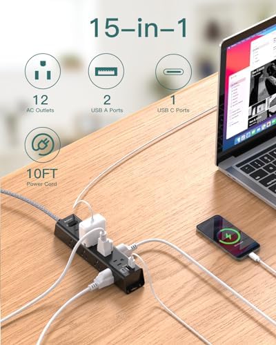 10-Foot Power Strip Surge Protector with 12 Outlets & 3 USB Ports – Wall-Mountable Extension Cord for Optimal Device Charging in Dorm Rooms, Offices, and Homes – 1050 J Overload Protection for Enhanced Safety and Efficiency – Sleek Black Design for Clutter-Free Use
