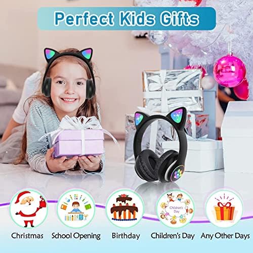 Playful Cat Ear Bluetooth Headphones for Kids – Foldable Over-Ear Design with LED Lights, Safe Listening Volume Control, Built-in Microphone, and Multi-Device Connectivity – Ideal for Music, Movies, and Gaming on i Phones, i Pads, Smartphones, and More!