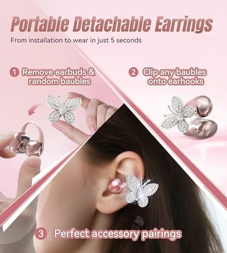 Stylish King Lucky Bluetooth 5.4 Clip-On Earbuds with Chic Detachable Butterfly Earrings – Waterproof Open Ear Design for Ultimate Comfort, 50-Hour Playtime Perfect for Festivals and Parties, Luxurious Rose Gold Gift for Discerning Women