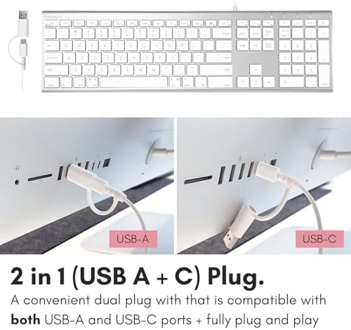 Elevate Your Mac Experience with the Macally USB C Keyboard – Ultra-Slim Wired Design with Dual USB A & C Connectivity, 110 Responsive Scissor Keys, and 20 Productivity Boosting Shortcuts for Mac Book Pro, Air, Mini, i Mac, and i Pad – Stylish Silver Finish for Enhanced Workspace Aesthetics