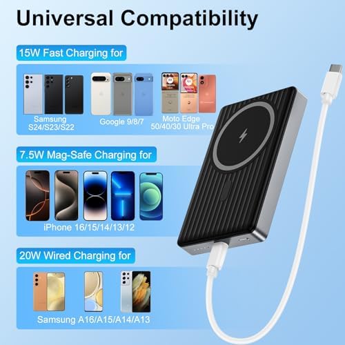 Magnetic Fast Charging Portable Power Bank – 10,000 m Ah Wireless Charger for Samsung Galaxy S25 Ultra, S24 FE, S23, S22, Z Fold, Flip 6, 5 & i Phone 16, 15 – Sleek Design with 20 W USB-C Cable for Ultimate Convenience and Compatibility