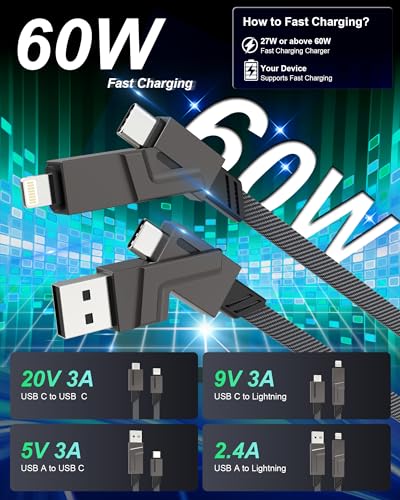 SHEZI Series 4-in-1 USB C Cable – 6 FT Fast Charging & Data Sync Cable with Lightning, Type C & USB A Connectors – 60 W Power Delivery, 480 Mbps Transfer Speed, Durable Nylon Braided Design for i Phone 16/15/14, i Pad, Samsung & Mac Book
