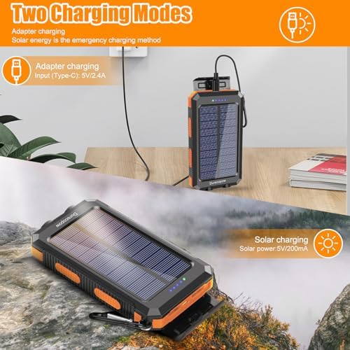 High-Capacity 20,000 m Ah Waterproof Solar Charger Power Bank for Outdoor Adventures – Dual USB-C Fast Charging with Built-in LED Flashlight and Compass (Orange) for Ultimate Portability and Reliability