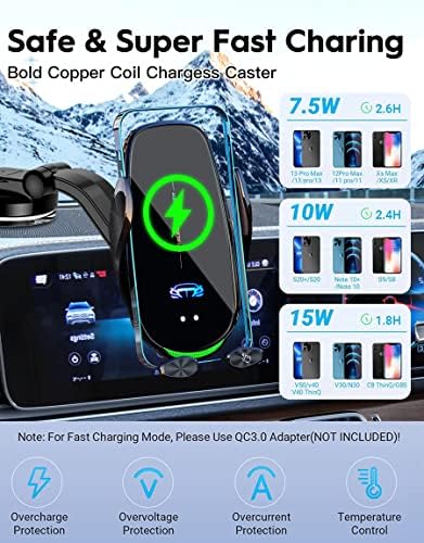 Experience Effortless Wireless Charging with the 15 W Fast Charging Auto-Clamping Car Phone Mount – Universal Compatibility for i Phone and Android Smartphones, Intelligent Dual Control Induction for Seamless Operation – Enhance Your Driving Convenience with Sleek Design and Secure Grip